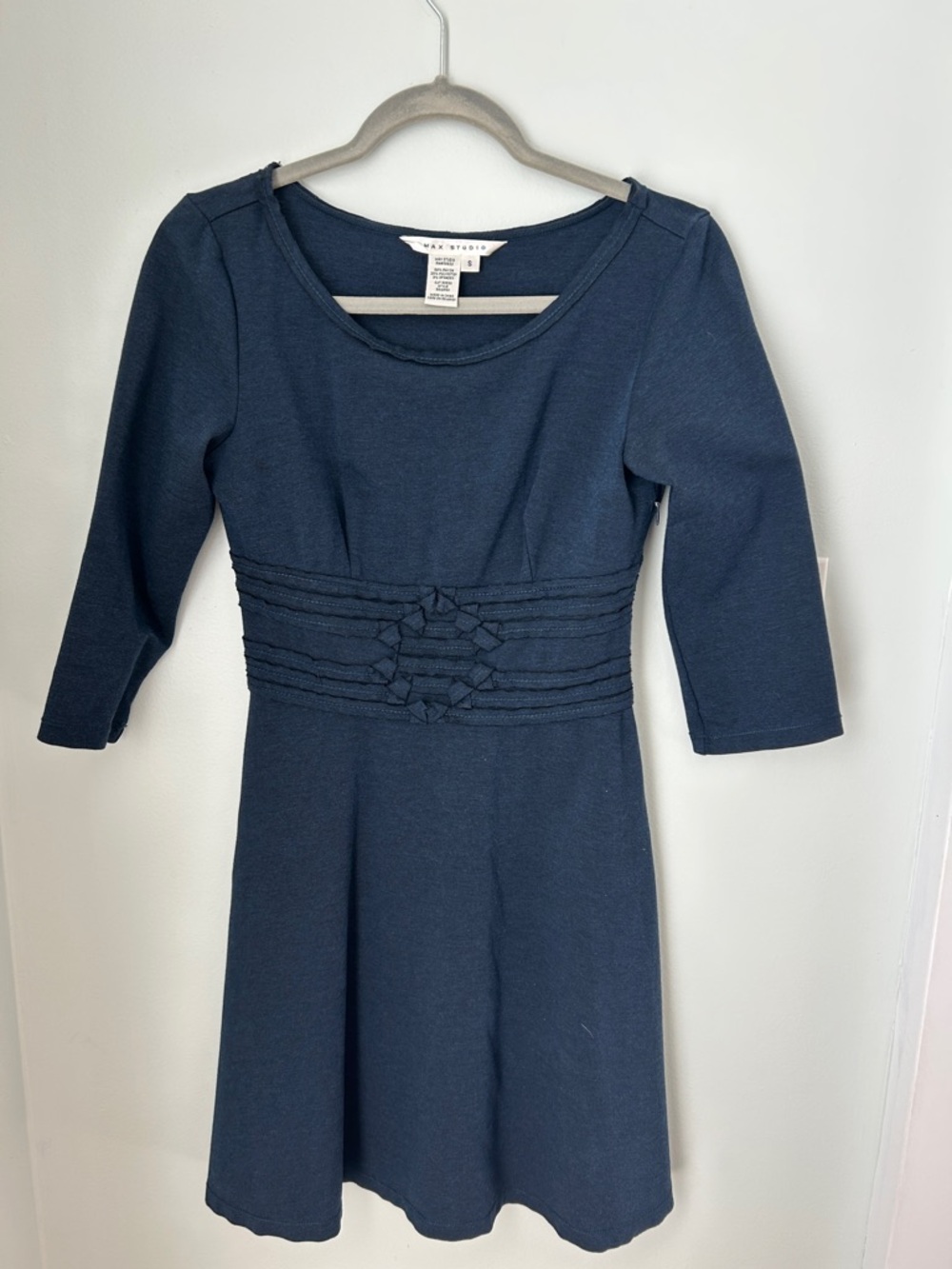 Max Studio Navy Three-Quarter Sleeve Waist-Detail Dress